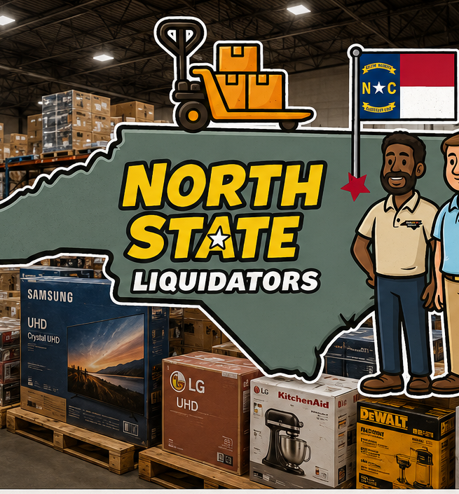 North State Liquidators — Norm and Rob with a forklift and a North Carolina map